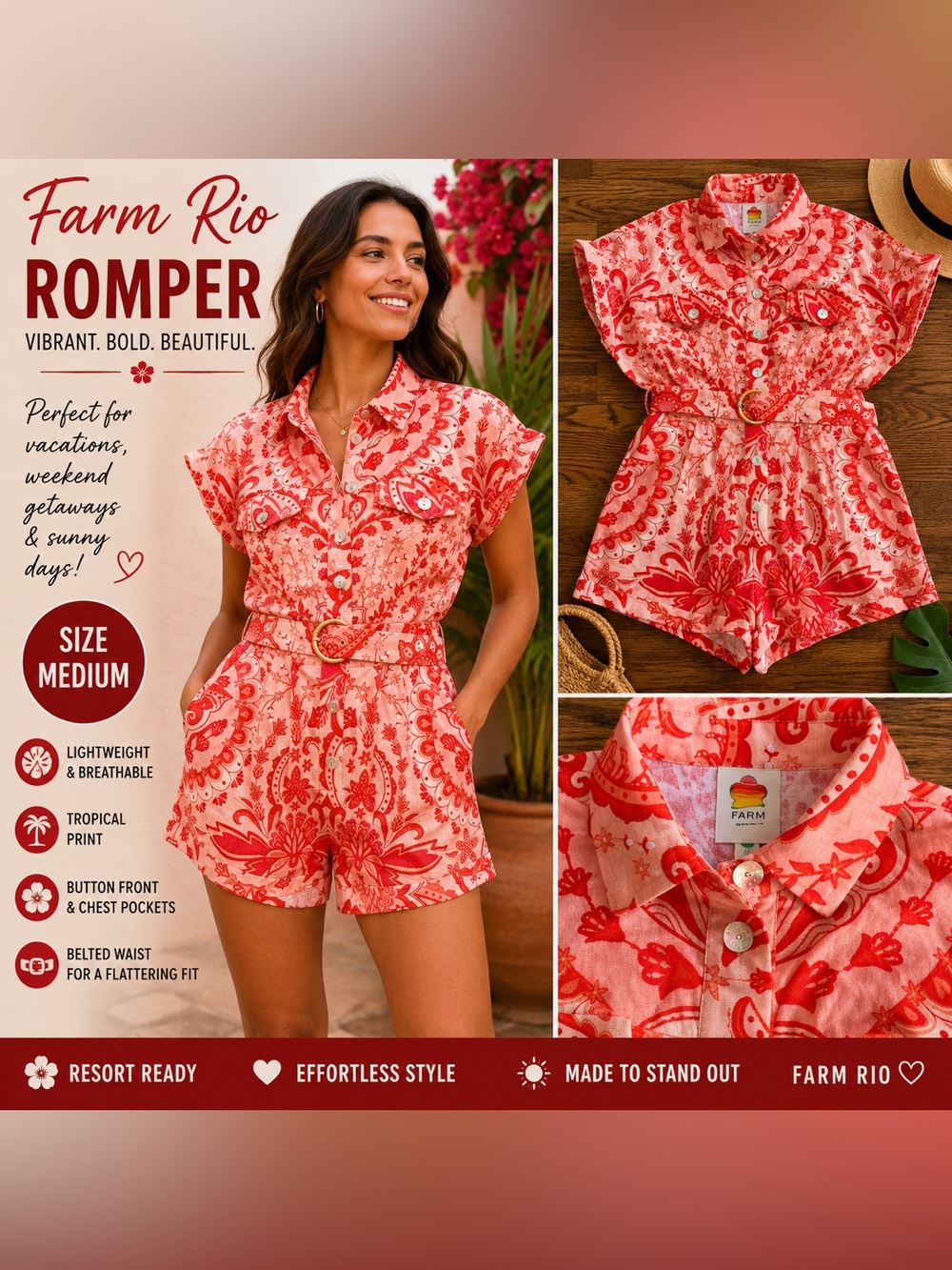 Farm Rio Pink Red Print Belted Button Front Romper Women’s Size Medium